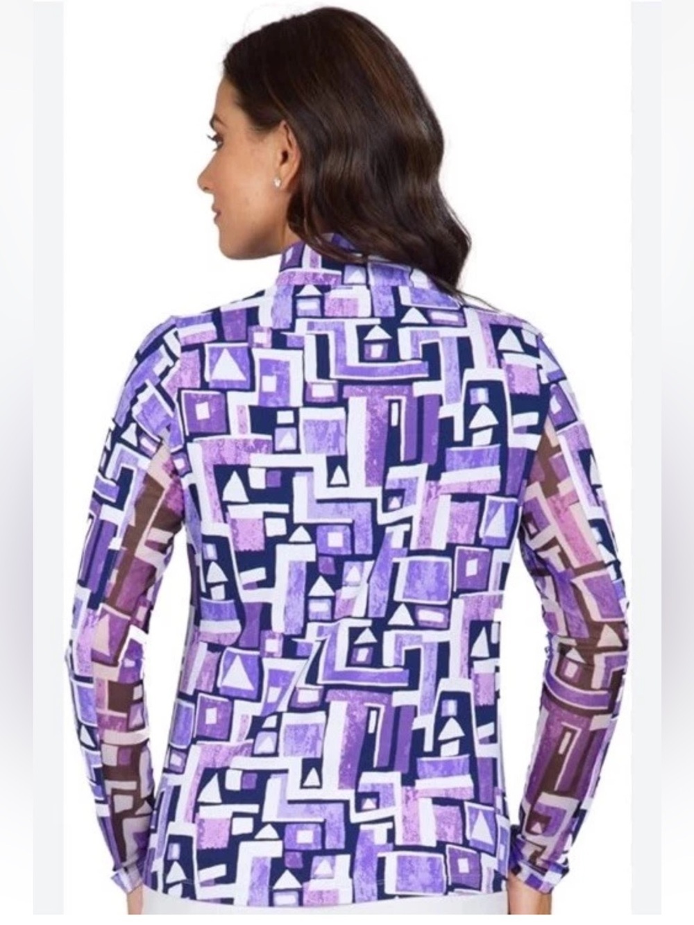 IBKUL, Geometric Purple Print Zip-Neck Top with wicking technology SPF 50+